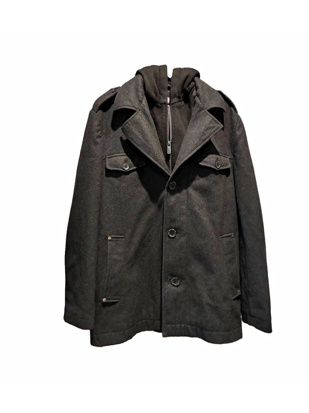 I Jeans by Buffalo Black Wool Blend Peacoat with Zip-Through Hoodie Size Medium
